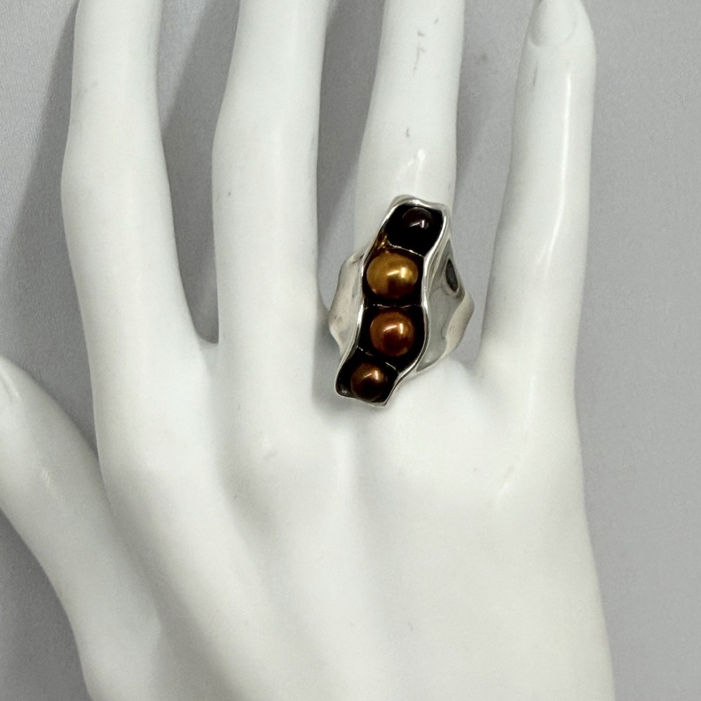 HG Hagit Gorali Sterling W/ 4 Brown Tones Pearls Ring VERY COOL Size 7 1/4 - Picture 2 of 11